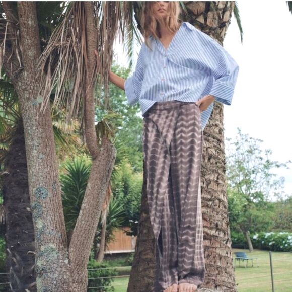 ZARA NWT Tie Dye Linen Wrap Pants Womens Large Wide Leg Lagenlook Boho Beachy - Picture 10 of 16